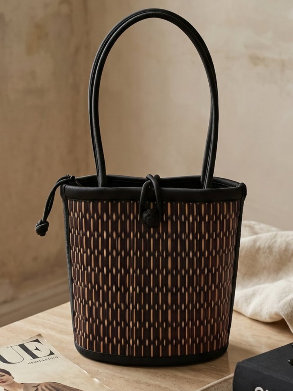Woven Rattan Shoulder Bag Structured Artisan Tote Coastal Cottagecore